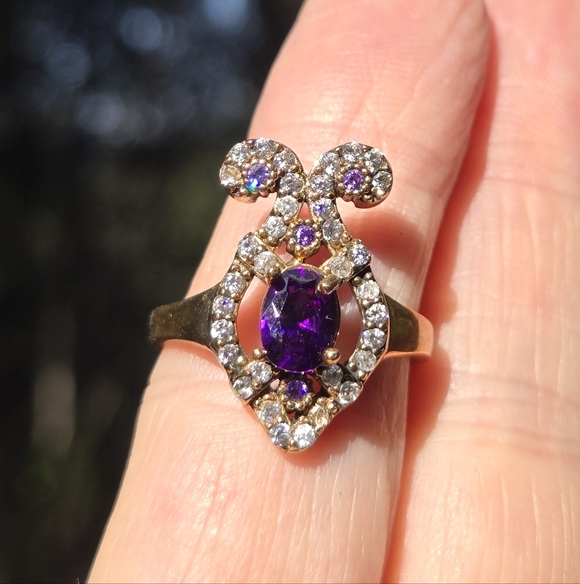 Dark Kharma by Avelon Jewelry - Amethyst 4k & Topaz Elegant Fleur-de-lis style Sterling & Gold ring sz 7.75